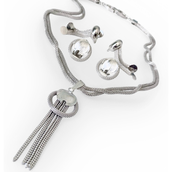 Vintage Continental Silver-tone Mesh Jewelry Set Necklace Earrings Pairs Lot - Picture 8 of 9